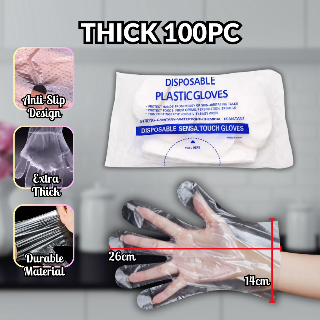 C&C 100PCS Disposable Glove Food Grade Plastic Hand Glove Disposable PE Gloves Free Size Sarung Tangan Plastik