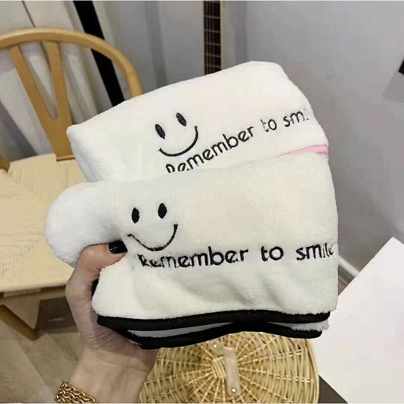 Absorbent Quick Dry Wrap Hair Hat Smiley pattern icon Bathe Shower Towel Cap Coral Fleece