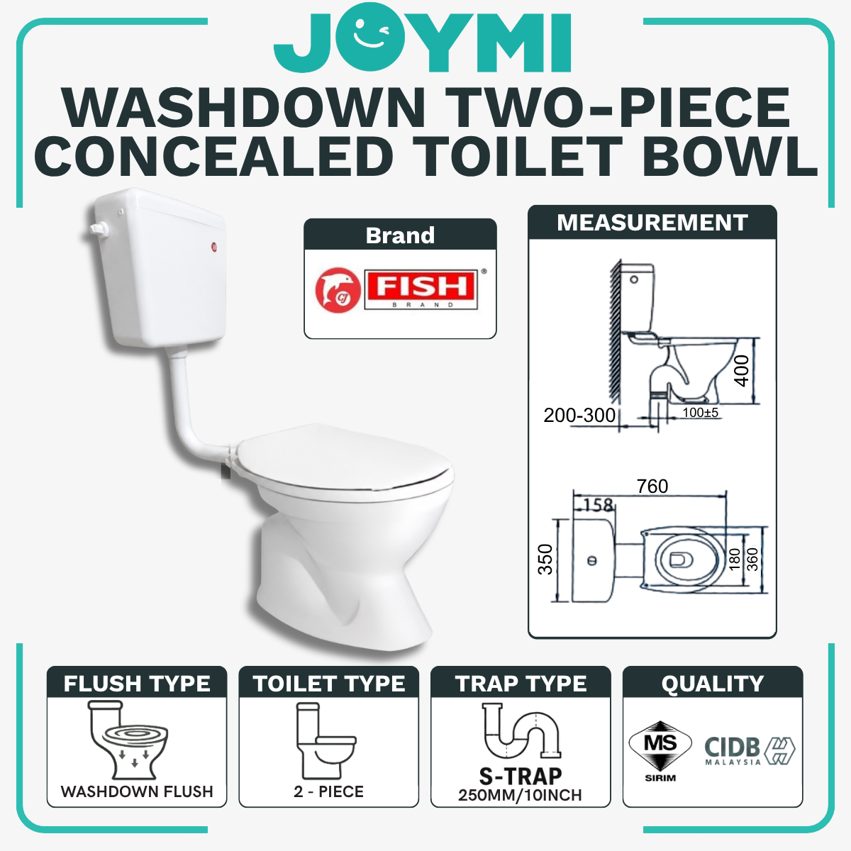 INNO TWO-PIECE S-Trap Washdown Flush Concealed Type Toilet Bowl 250mm Full Set Accessories Heavy Duty Up to 200kg Best For Hotel/Airbnb/Home Use 1012 S-Trap