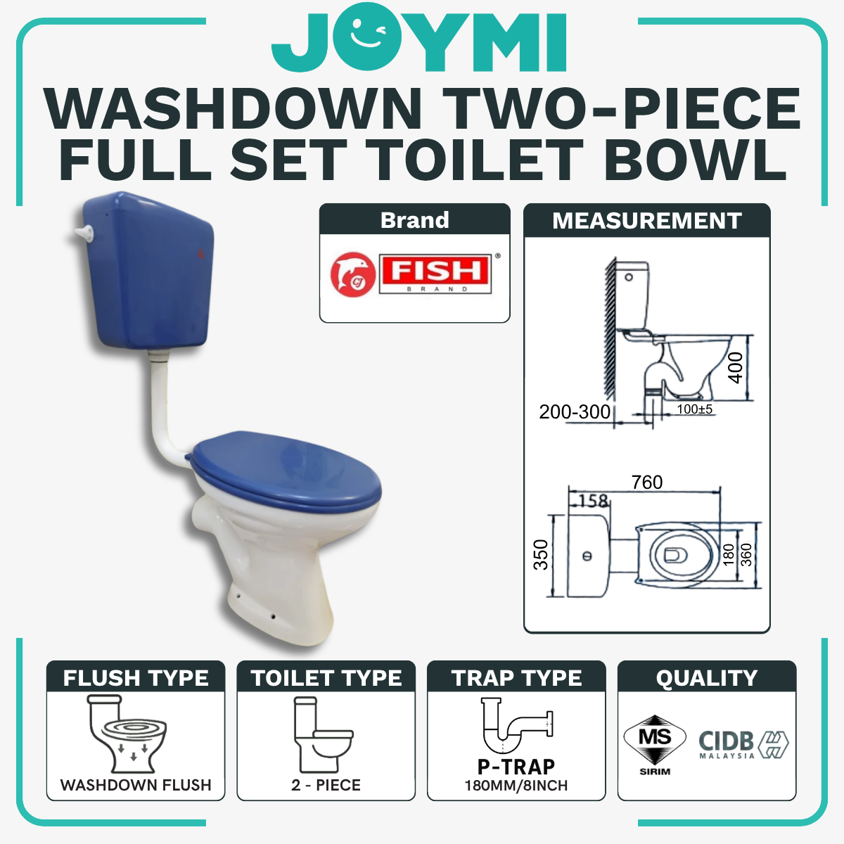 INNO TWO-PIECE P-Trap Washdown Flush Toilet Bowl 180mm Sorento Full Set Accessories Heavy Duty Up to 200kg Best For Hotel/Airbnb/Home Use 1001 P-Trap