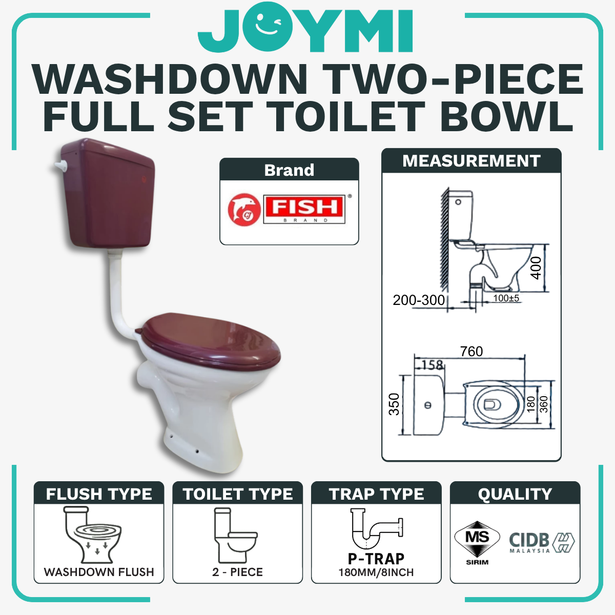 INNO TWO-PIECE P-Trap Washdown Flush Toilet Bowl 180mm Burgandy Full Set Accessories Heavy Duty Up to 200kg Best For Hotel/Airbnb/Home Use 1001 P-Trap