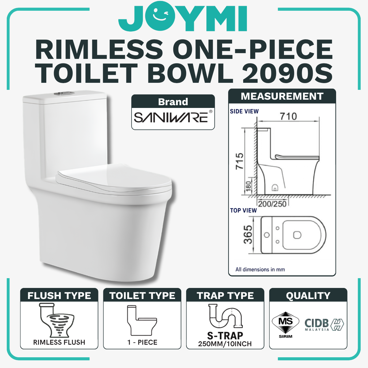 SANIWARE ONE-PIECE S-Trap Washdown Flush Toilet Bowl 250mm Full Set Accessories Heavy Duty Up to 500kg Best For Hotel/Airbnb/Home Use WC2090 S-Trap