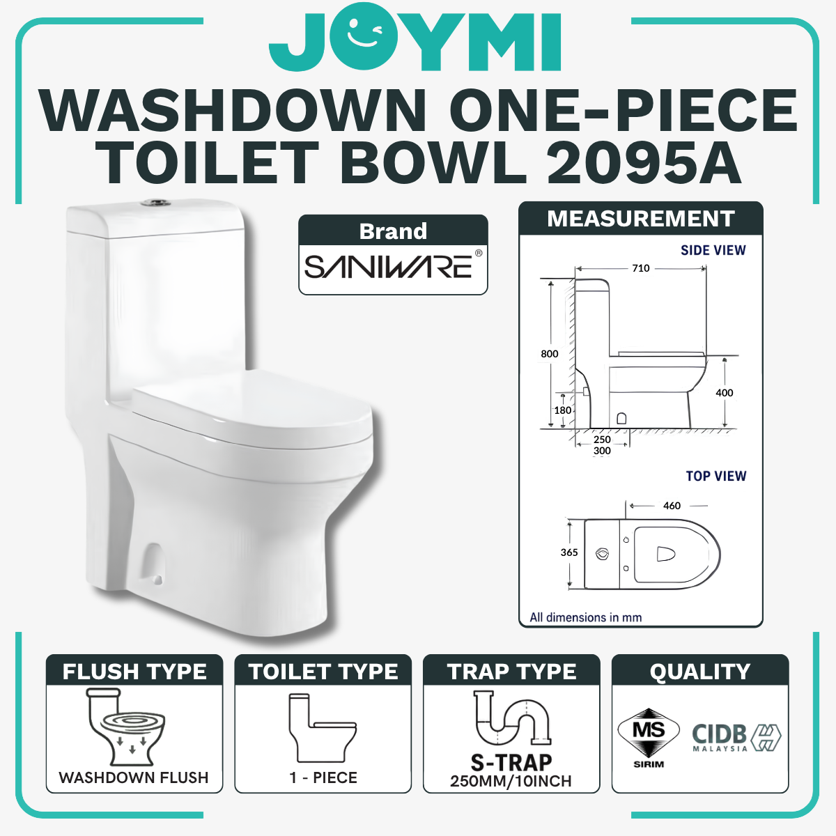 SANIWARE ONE-PIECE S-Trap Washdown Flush Toilet Bowl 250mm Full Set Accessories Heavy Duty Up to 500kg Best For Hotel/Airbnb/Home Use WC2095 S-Trap