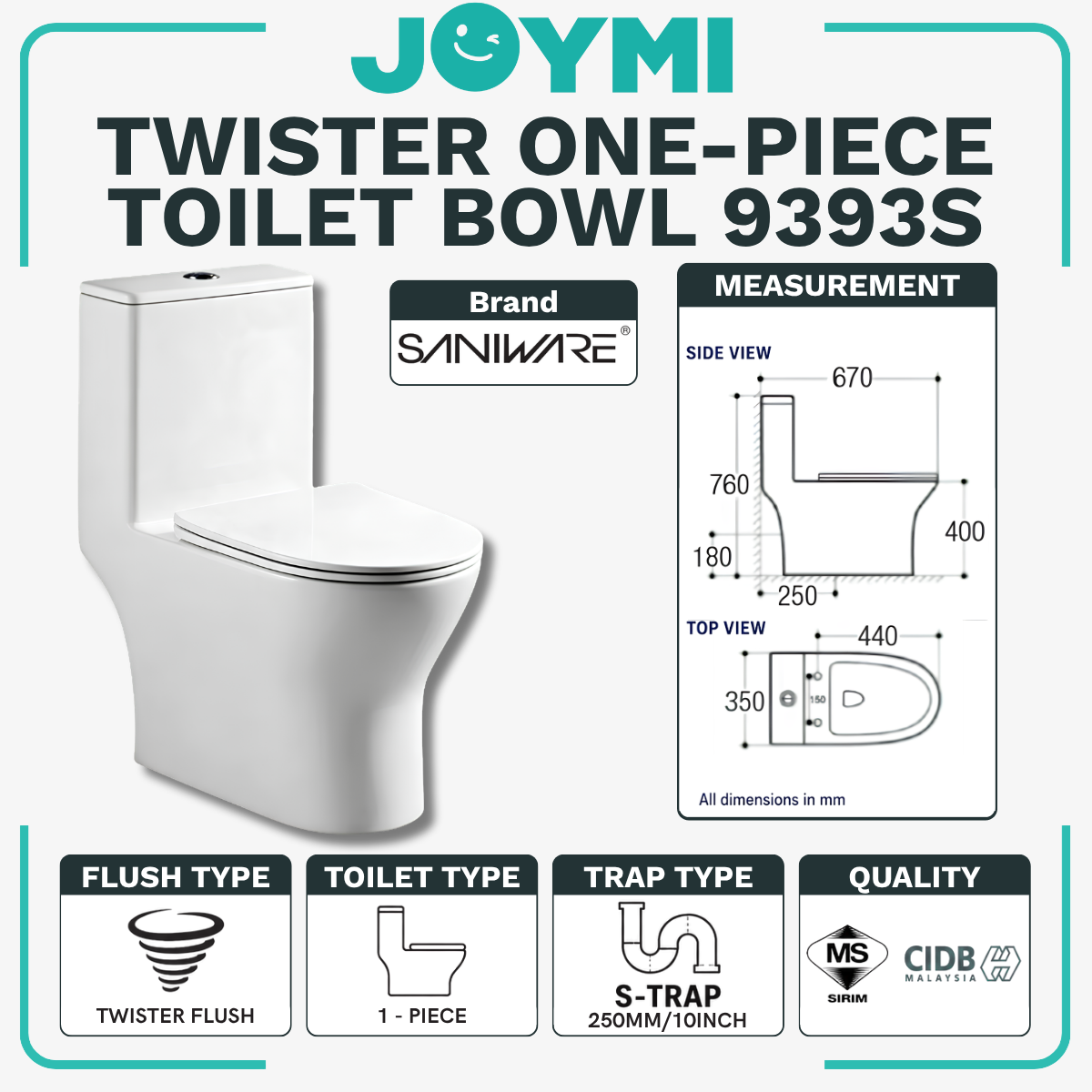 SANIWARE ONE-PIECE S-Trap Washdown Flush Toilet Bowl 250mm Full Set Accessories Heavy Duty Up to 500kg Best For Hotel/Airbnb/Home Use WC9393 S-Trap