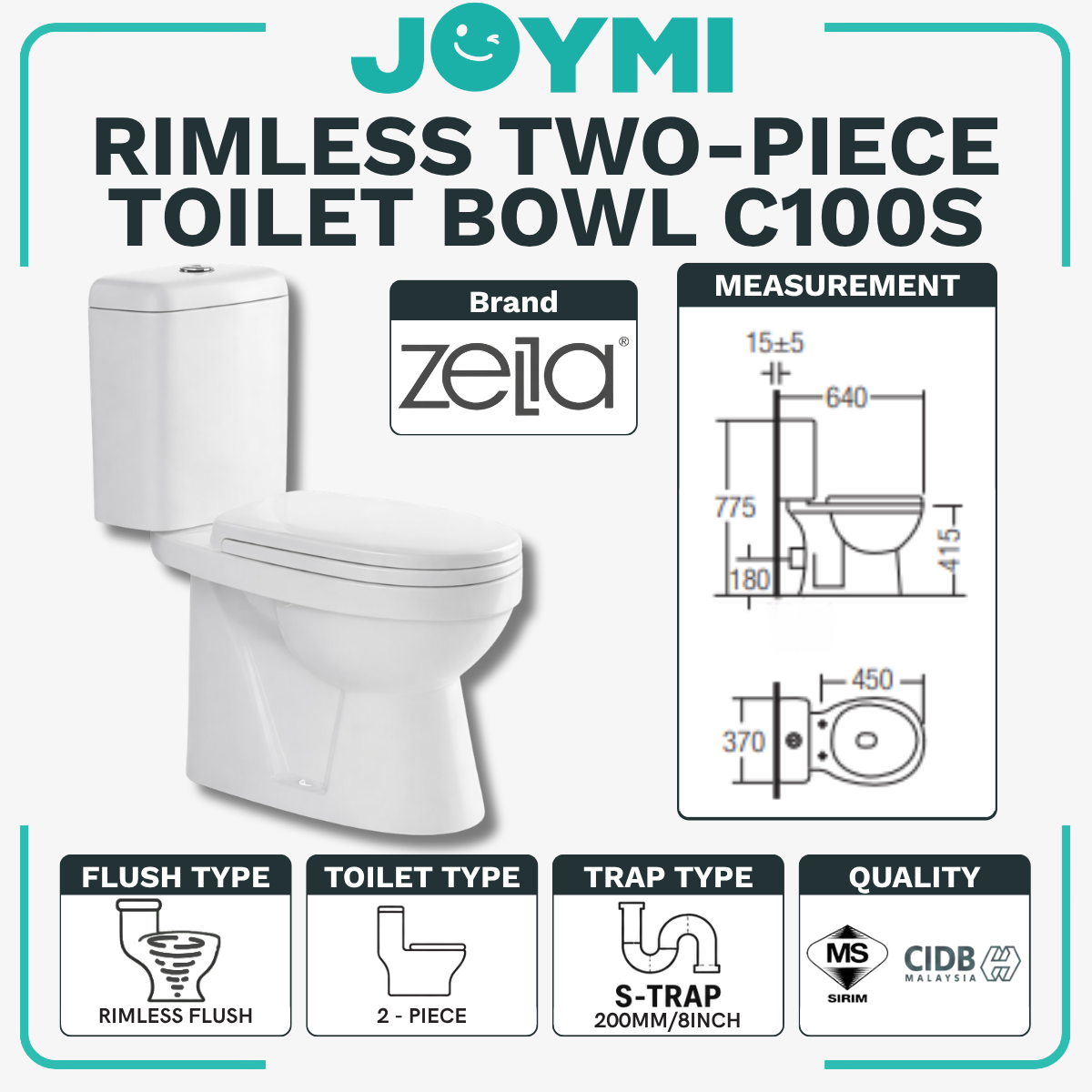 INNO TWO-PIECE S-Trap Rimless Flush Toilet Bowl 200mm Full Set Accessories Heavy Duty Up to 500kg Best For Hotel/Airbnb/Home Use C100 S-Trap