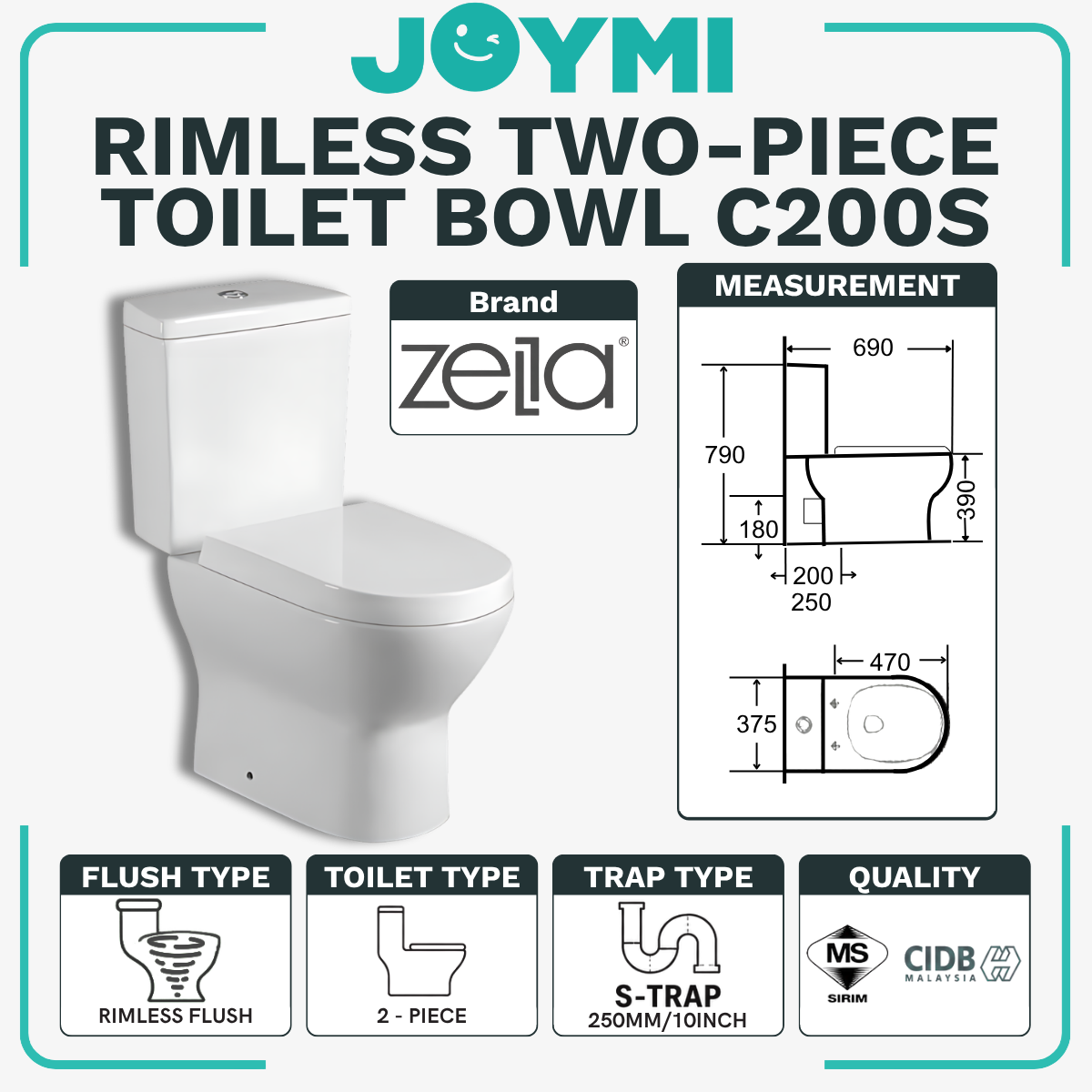 ZELLA 两件式虹吸式无边框坐便器250mm全套配件重型承重达500公斤酒店/爱彼迎/家用最佳选择C200虹吸式