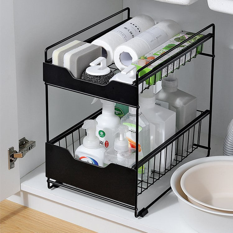 2 Tier Space Saving Kitchen Top Storage Rack With Pull Out Drawer Design Sliding Cabinet Basket Organizer Pantry Spice