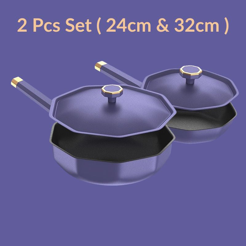 C&C 32cm/24cm 2 PCS Non-Stick Frying Wok Set Non-Stick Frying PanDouble Frying Grill Pan Frying Cooking Wok Pan