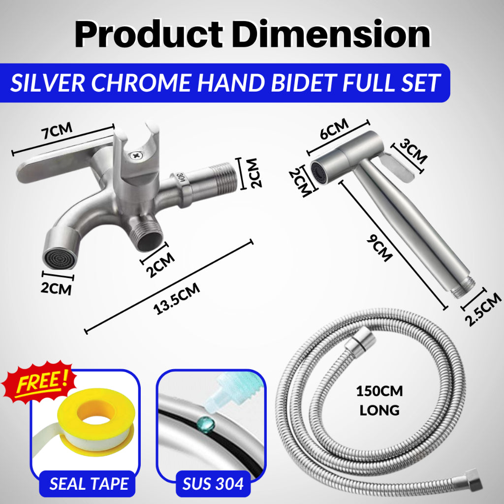 FULL SET 304 Stainless Steel Two Way Tap Bathroom Faucet with Bidet Spray Holder and Flexible Hose