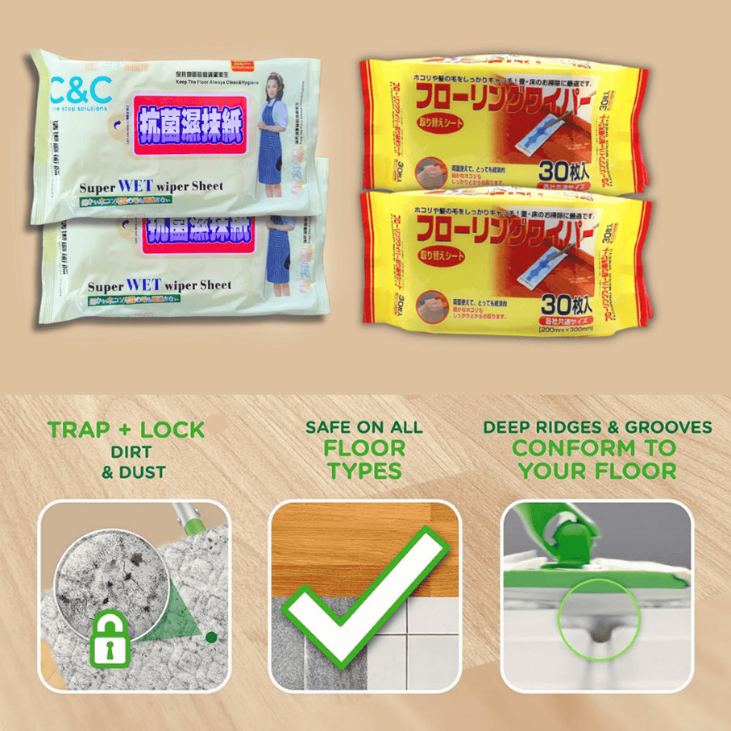 Penyapu Mop Flat Tisu Pakai Buang Wiper Wet Dry Tissue Wipes Kertas Floor Cleaning Lantai Magik Lap Habuk SuperValue Set
