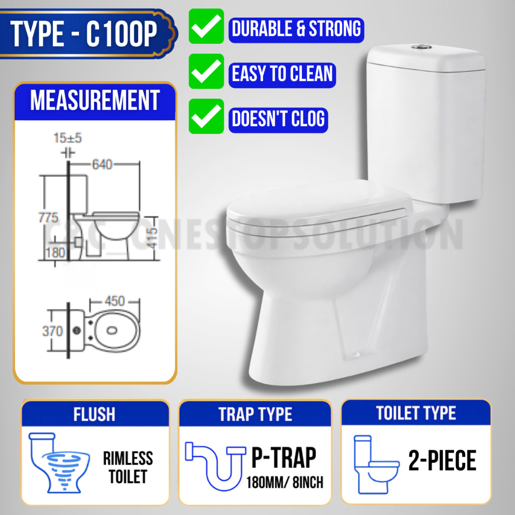 C&C Full Set P-Trap Toilet Bowl and Seat Cover Set lengkap Jamban Tandas Tandas 1Piece 2Piece Washdown Cyclone