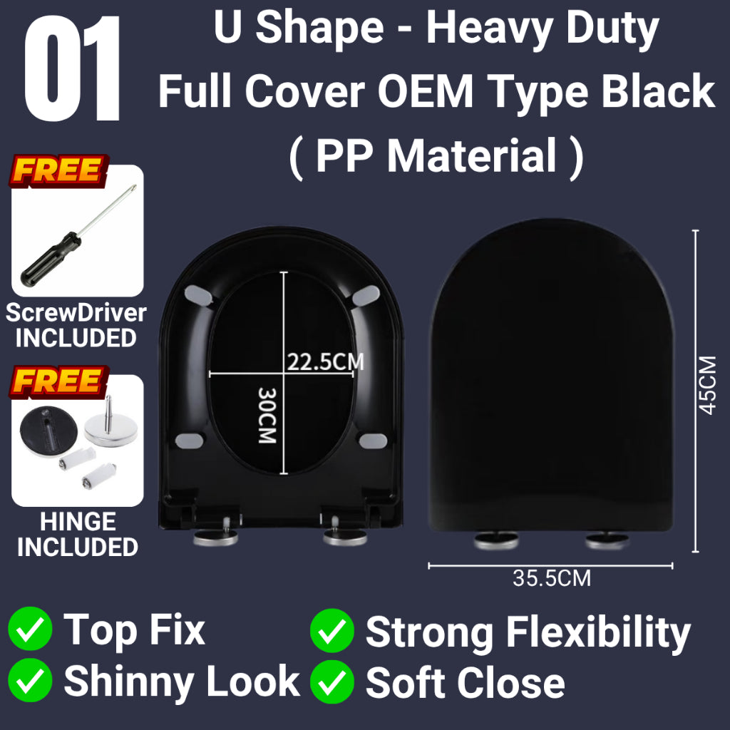 C&C Black U Shape Toilet Seat Cover With Soft Close Adjustable Hinge Penutup Mangkuk Duduk Tandas