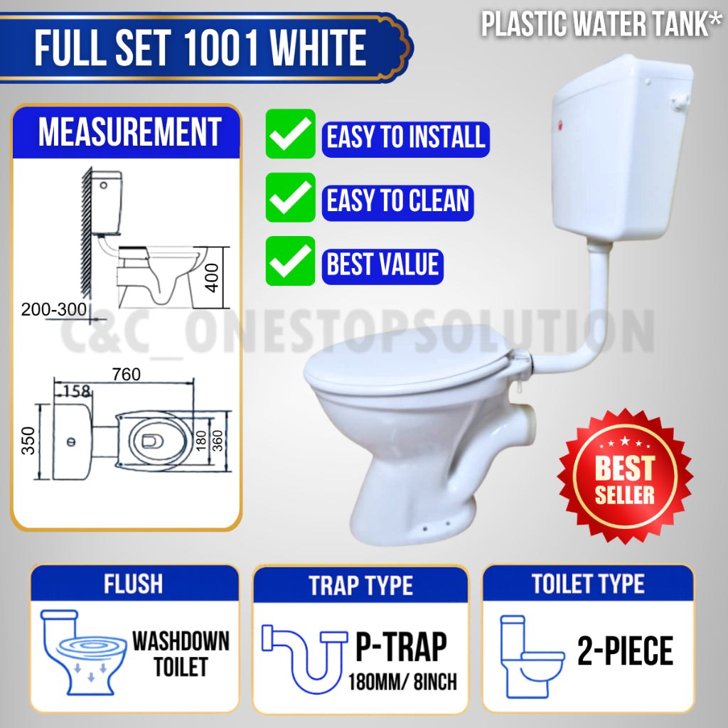 C&C Full Set P-Trap S-Trap Toilet Bowl with Water Tank and Toilet Seat Cover Set lengkap Jamban Tandas Washdown Cyclone