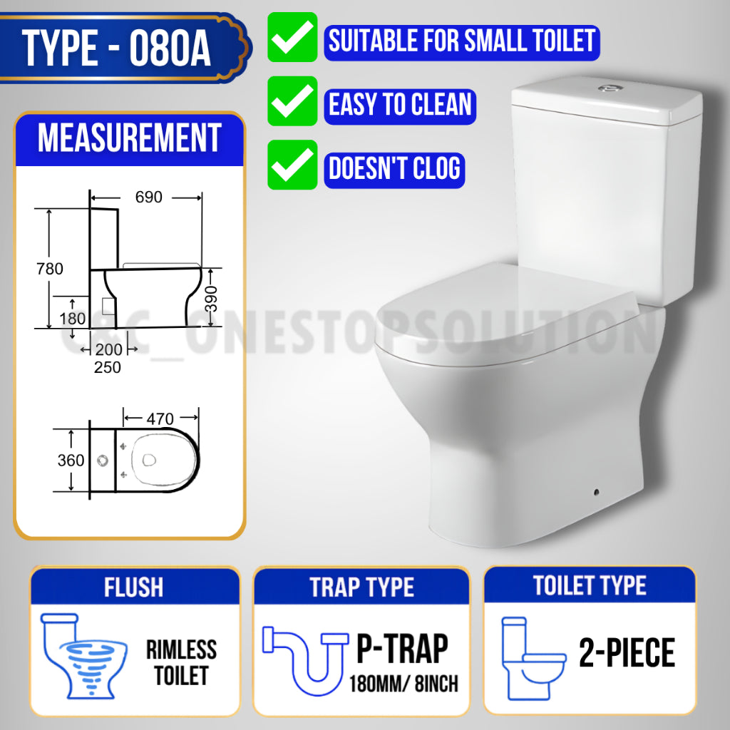 C&C Full Set P-Trap Toilet Bowl and Seat Cover Set lengkap Jamban Tandas Tandas 1Piece 2Piece Washdown Cyclone