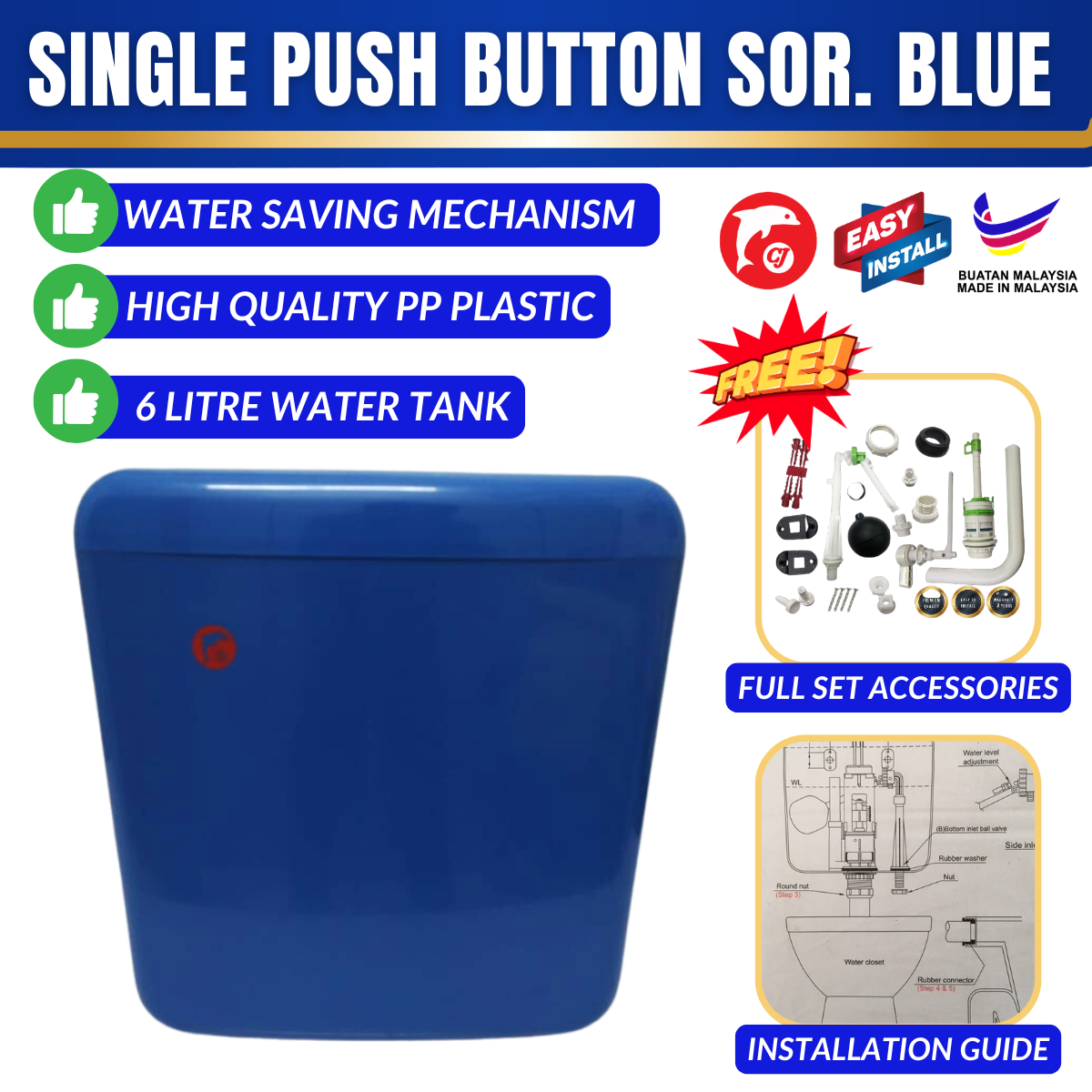 Toilet Water Tank Single Push Button - Sorento Blue