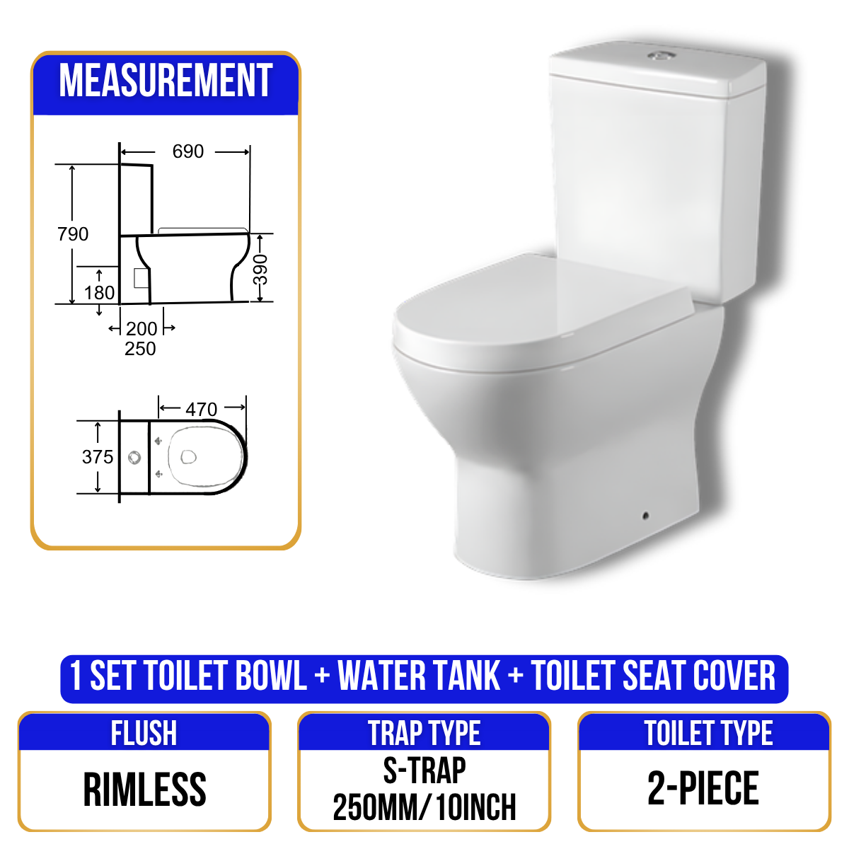 Toilet Bowl C200 - S Trap - 2 Piece
