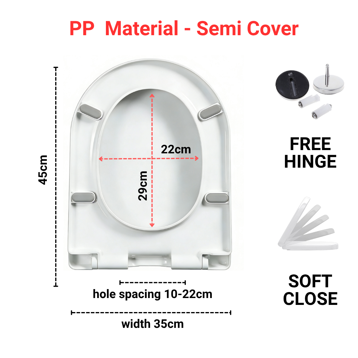 Toilet Seat Cover With Soft Close - U Shape - PP material - Semi Cover